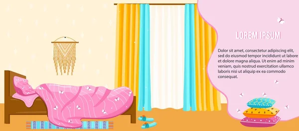 Illust de vetor têxtil Home, desenho animado design bonito plano para hotel ou apartamento em casa quarto, cama acolhedora, bandeira de design de sonhos doces —  Vetores de Stock