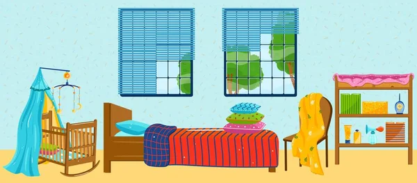 Ilustración de vector textil para el hogar, interior de la habitación de la casa plana de dibujos animados con decoración textil, cama en el dormitorio de los padres, cuna de madera para bebés — Archivo Imágenes Vectoriales