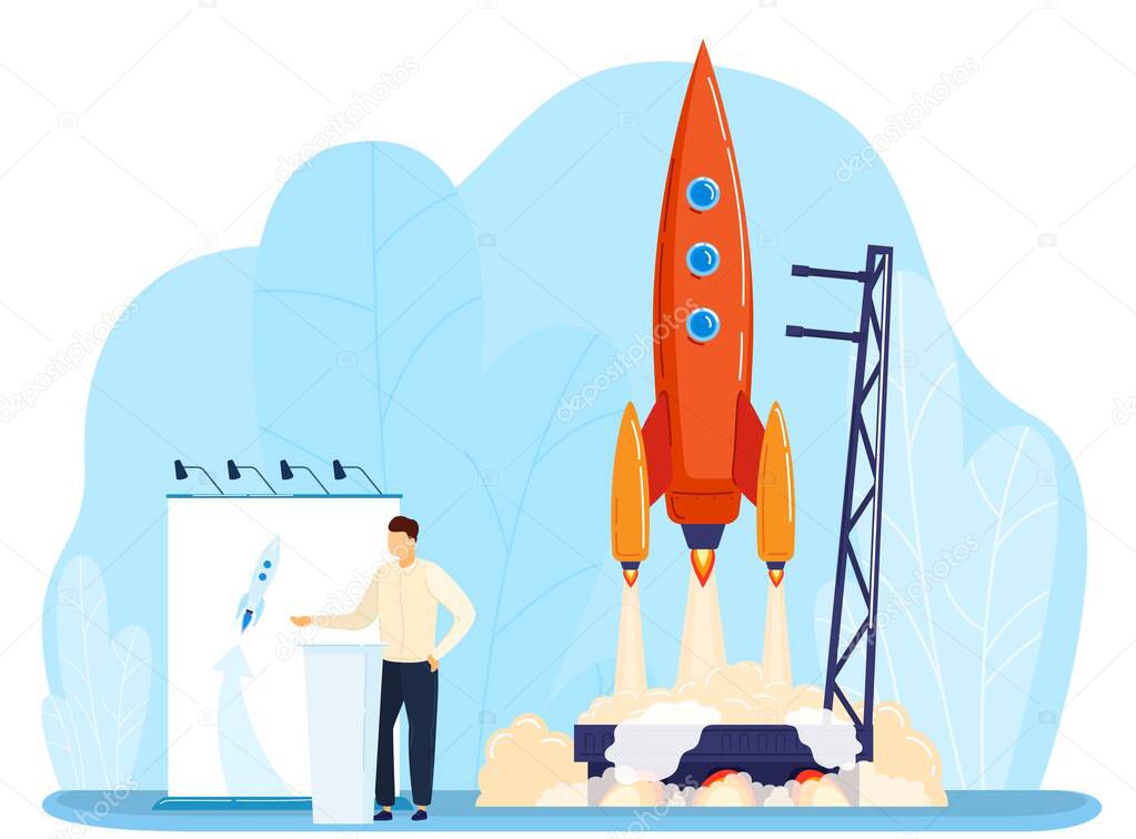 Startup idea launch rocket vector illustration, cartoon flat businessman launching rocket spaceship, starting new business isolated on white