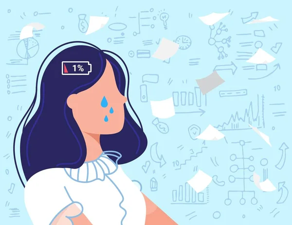 Burnout overwerk business mensen platte vector illustratie, cartoon trieste werknemer, overwerkte zakenvrouw huilen als gevolg van burn-out werk probleem — Stockvector