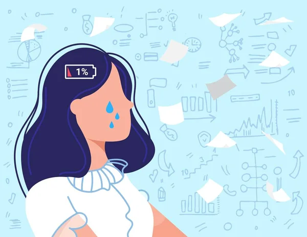 Burnout exceso de trabajo gente de negocios plana vector ilustración, empleado triste de dibujos animados, mujer de negocios sobrecargado de trabajo llorando debido al problema de trabajo por agotamiento — Vector de stock