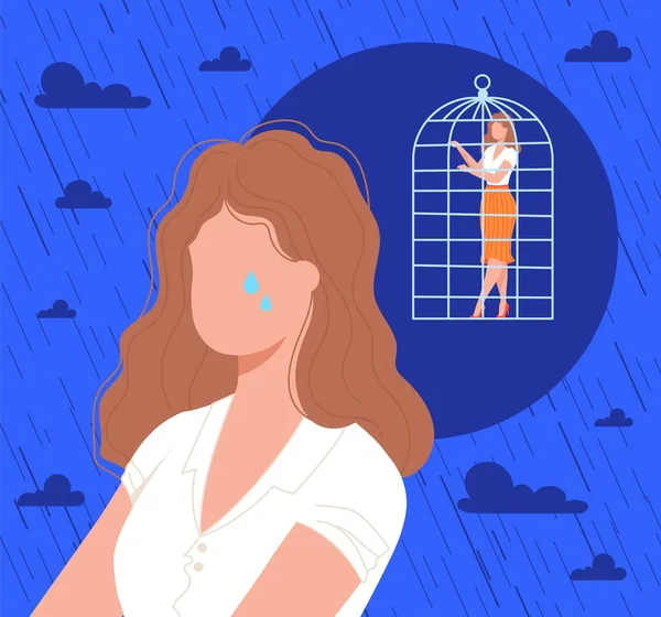 Cage dans la tête de la femme, illustration vectorielle psychologie, dessin animé plat solitaire frustré personnage féminin pleurer, sentiment anxiété trouble stress — Image vectorielle