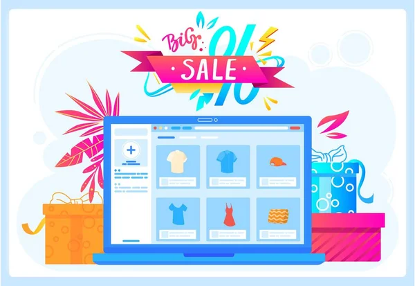 Online winkel verkoop concept vector illustratie, cartoon platte laptop scherm met elektronische winkel app, kleding op etalage geïsoleerd op wit — Stockvector