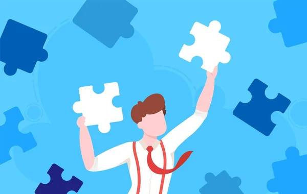 Business Puzzle Connection Konzept flache Vektor-Illustration, Cartoon Geschäftsmann Charakter halten, verbinden Idee Puzzleteile in den Händen — Stockvektor