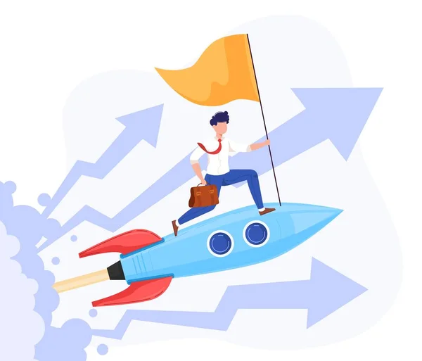 Empresários voam na ilustração do vetor de foguete, personagem de empresário plano de desenhos animados com bandeira voando em movimento nave espacial de foguete rápido — Vetor de Stock