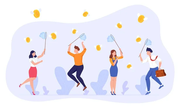 La gente captura ilustración vector de dinero, dibujos animados personajes de grupo de empleados planos sosteniendo redes, saltando, la captura de dinero volando monedas concepto — Vector de stock