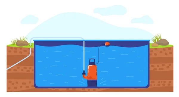 Čerpadlo vody z bazénu vektorové ilustrace, karikatura ploché průmyslové čerpadlo funguje čerpáním vody do nádrže bazénu — Stockový vektor