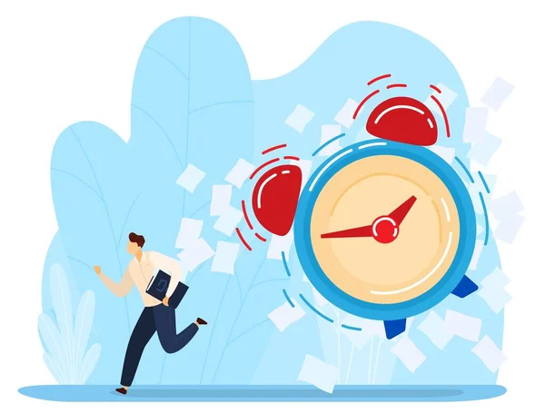 Business time management vector illustratie, cartoon platte zakenman karakter loopt van grote rinkelende timer klok geïsoleerd op wit — Stockvector