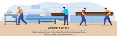 People woodworking vector illustration, cartoon flat woodworker characters working with circular saw equipment in workshop room interior clipart