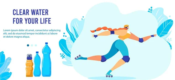 Fresh clear water for sports people vector illustration, cartoon flat active sportswoman athlete roller skating with drinking water bottles