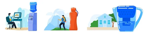 Lidé pijí sladkovodní vektor ilustrace, kreslené ploché láhve na vodu pro pěší turisty, kancelář pracoviště chladič a domácí filtr kontejner — Stockový vektor
