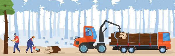 Άνθρωποι ξυλουργική εικονογράφηση διάνυσμα, κινούμενα σχέδια επίπεδη ξυλουργός ξυλοκόπος χαρακτήρες που εργάζονται με αλυσοπρίονο, κοπή δάσος δέντρα φόντο — Διανυσματικό Αρχείο