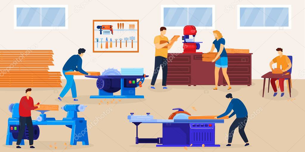 People woodworking vector illustration, cartoon flat woodworker character group sawing wood planks, working with circular saw equipment