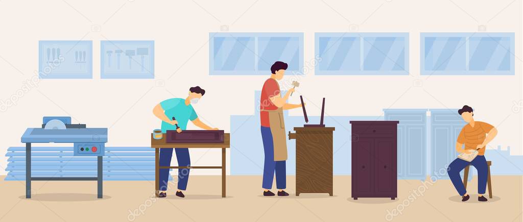 People woodworking vector illustration, cartoon flat woodworker man character repairing wood home furniture, handyman carpenter working