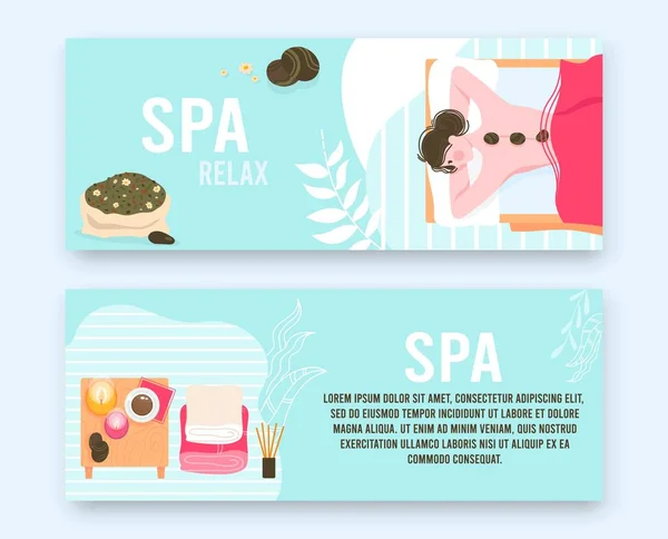 Pessoas em massagem spa salão de beleza plano vetor ilustração conjunto, desenho animado mulher bonita paciente relaxante e deitado com pedras quentes nas costas —  Vetores de Stock