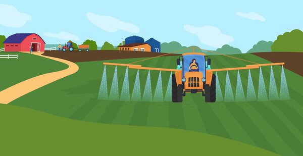 Farming agriculture vector illustration, cartoon flat agricultural agrarian sprinkler tractor watering organic farm green field background