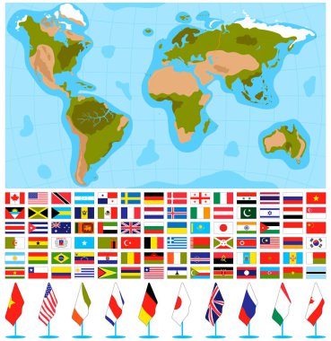 Bayraklar dünya haritası vektör illüstrasyonu seti, çizgi film düz tüm ülke yasaları farklı devletlerin bağımsız sembolleri koleksiyonu