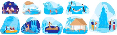 Doğal spa merkezleri vektör illüstrasyon seti, karikatür düz kaplıca koleksiyonu turistlerle birlikte doğa spa turizmi.