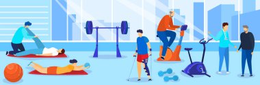 Terapi rehabilitasyon vektör çizimi, engelli düz çizgi film insanları spor salonunda egzersiz yapıyorlar.