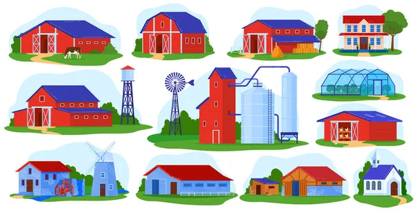 Farm épület vektor illusztráció készlet, rajzfilm lapos elöl kilátás a falu tanyák gyűjtemény piros pajta, ipari torony — Stock Vector