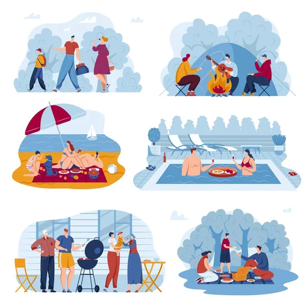 Picnic estate attività vettore illustrazione set, cartone animato piatto amico attivo, famiglia o coppia personaggi mangiare cibo sulla natura all'aperto — Vettoriale Stock