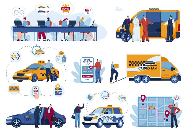 Taxi samochód dostawy aplikacji wektor ilustracji zestaw, kreskówka płaskie dostarczanie mobilne usługi transportowe aplikacji izolowane na białym — Wektor stockowy
