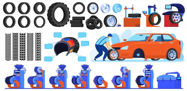 자동차 타이어 생산 벡터 일러스트, 만화 평면 자동차 산업 설정 자동차 바퀴 타이어 제품, 추적 추적 — 스톡 벡터