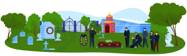 Ilustracja wektora ceremonii pogrzebowej, kreskówka płaska ceremonia pogrzebowa grupa ludzi stojących w pobliżu trumny na cmentarzu — Wektor stockowy