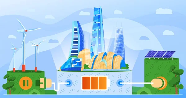 Moderne stad eco groene energietechnologie concept vector illustratie, alternatieve duurzame ecologie hulpbronnen achtergrond — Stockvector