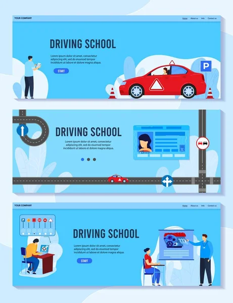 Conducir ilustraciones vectoriales de la escuela de automóviles, dibujos animados plana estudiante hombre mujer carácter estudiar la escolaridad, las reglas de aprendizaje para conducir el coche — Archivo Imágenes Vectoriales