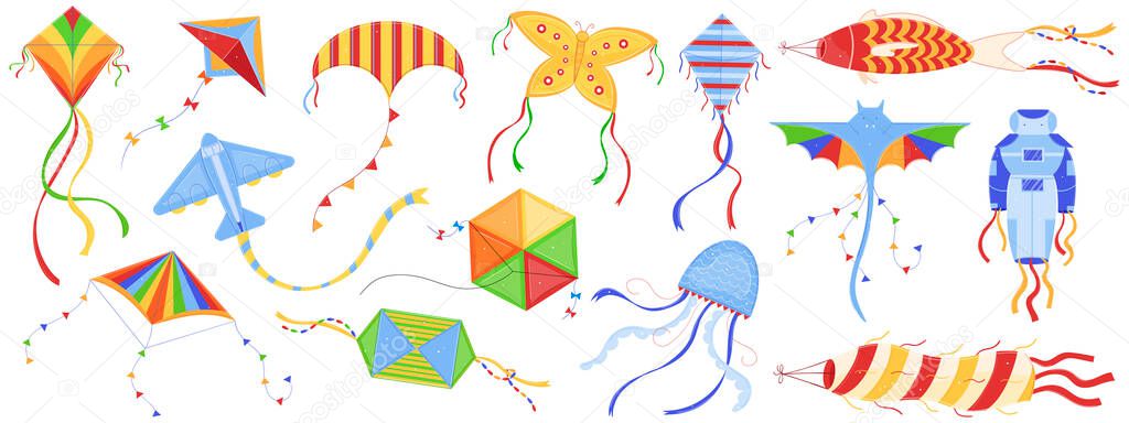 Kite festival vector illustration set, cartoon flat festive different flying kid toys collection with colorful bat butterfly plane