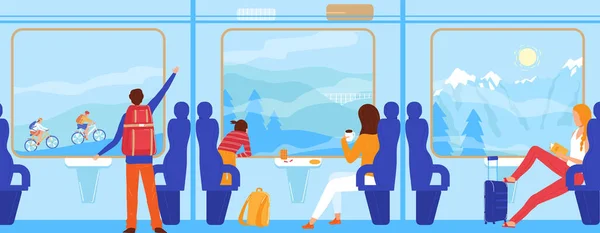 人々は電車で旅行、観光のコンセプトベクトルイラスト、鉄道キャビンで旅行漫画のフラット旅客観光キャラクター — ストックベクタ