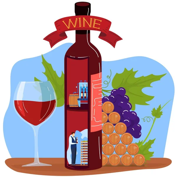 Grape wine product vector illustration, cartoon flat factory producting winemaking process concept with storage production scenes — Stock Vector