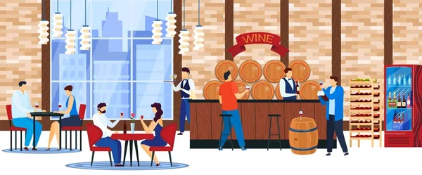 Mensen drinken wijn vector illustratie, cartoon platte man vrouw personages zitten aan tafels in restaurant, het bestellen van alcohol wijn — Stockvector