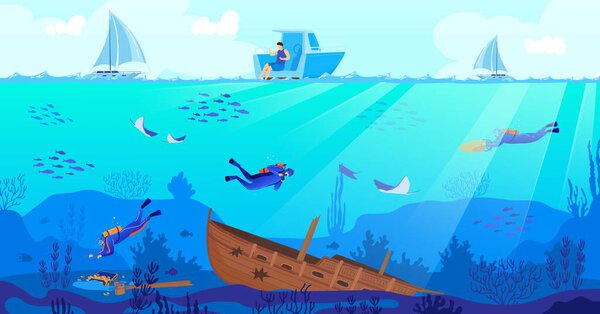 Wreck diving vector illustration, cartoon flat scuba diver characters exploring sea depth with fishes, sunken ship background