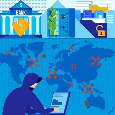 Banka hackleme vektör illüstrasyonu, karikatür düz internet korsanı çevrimiçi bankacılık veri sistemine saldırı, siber koruma ihlali