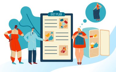 Diyet planı vektör illüstrasyonu, çizgi film düz, minik diyetçi doktor karakteri kilo vermek için sağlıklı besin diyeti metodu planlıyor.