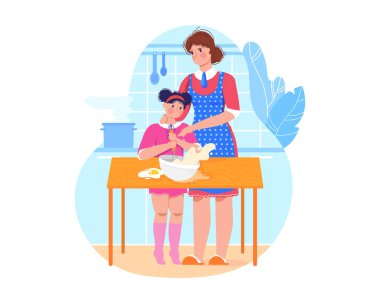 Günlük aile anne ve kızı mutfakta öğle yemeği hazırlıyor, çocuk malzemeler ekliyor, çizgi film vektör çizimleri, beyaz üzerine izole edilmiş..