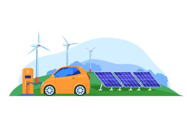 Fabrika gücü, yeşil enerji, elektrik dolum istasyonu, yeni teknolojiler, tasarım karikatür vektör çizimi, beyaz üzerine izole.