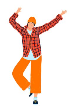 Mutlu insanlar, aktif eğlence, saçlı dansçı çocuk, modern gençlik, çizgi film stili vektör çizimi, beyazlar üzerinde izole edilmiş..