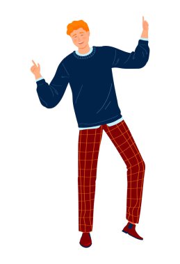 Mutlu insanlar, aktif eğlence, saçlı dansçı çocuk, modern gençlik, çizgi film stili vektör çizimi, beyazlar üzerinde izole edilmiş..