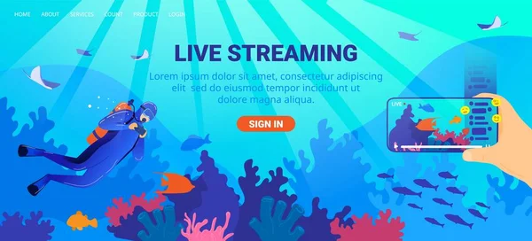 Ilustração de vetor de streaming ao vivo, desenho animado plana transmissão on-line conceito de canal de transmissão ao vivo, mundo subaquático transmitido —  Vetores de Stock