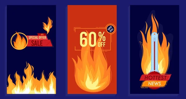 Flamme de feu chaud été vente vectoriel illustration, dessin animé plat flamboyant modèle de promotion collection de bannières verticales — Image vectorielle