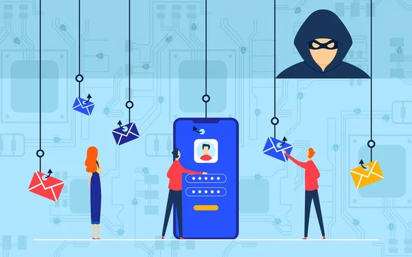 Phishing attack vektor illustration, tecknad platt hacker cyberkriminell karaktär med hjälp av fiskekrok, it-brottslighet bakgrund — Stock vektor