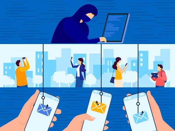 Phishing aanval vector illustratie, cartoon platte hacker cyber crimineel karakter inloggen op mensen account concept achtergrond — Stockvector