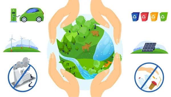 Spara planet vektor illustration, tecknad platt mänsklig ekolog händer skydda jorden jordklotet ekologi, rädda naturen global miljö — Stock vektor