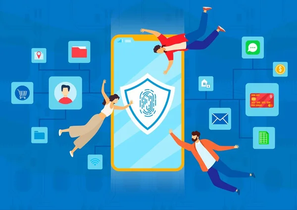 Mobilní bezpečnostní vektorová ilustrace, kreslené ploché drobné lidi s chytrým telefonem a osobními údaji bezpečný symbol na displeji telefonu — Stockový vektor