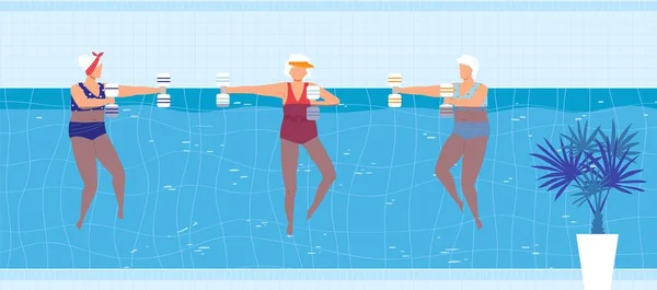 Sport nuotare attività in piscina vettoriale illustrazione, cartone animato piatto donna anziana nuotatore personaggio gruppo facendo esercizio con manubri — Vettoriale Stock