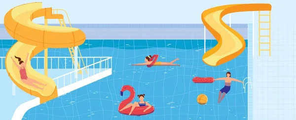 Le persone nuotano nell'illustrazione vettoriale della piscina del parco acquatico, i personaggi dei bambini nuotatori piatti dei cartoni animati si divertono sulle attrazioni acquatiche dell'aquapark — Vettoriale Stock