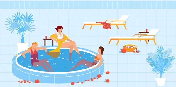 Spa resort vacanza, piscina vettoriale illustrazione, cartone animato piatto donna personaggi in costume da bagno nuotare con petali di fiori — Vettoriale Stock